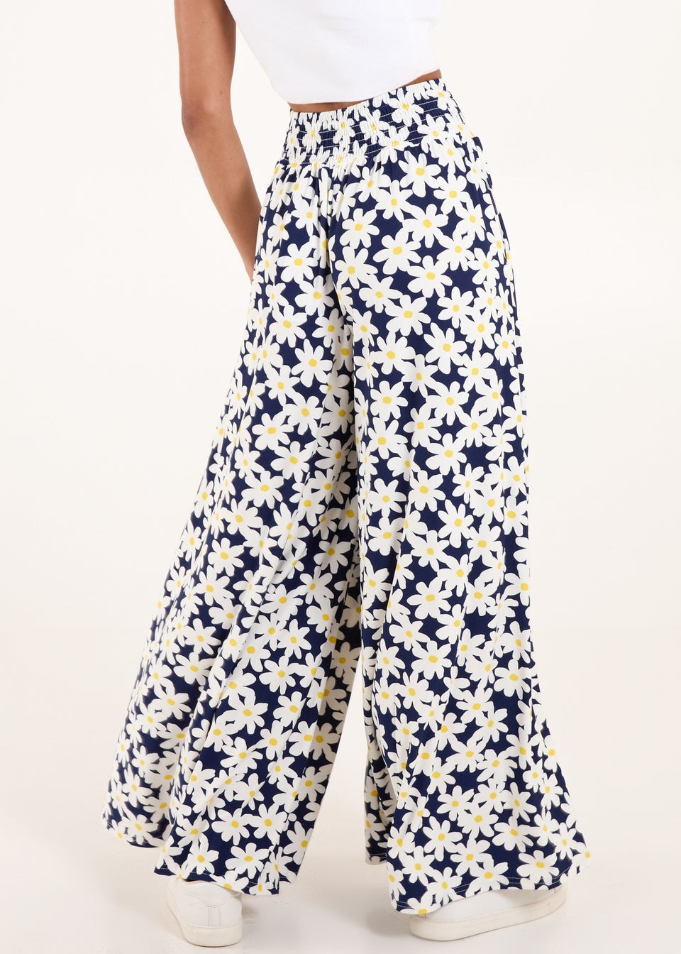 Blue Vanilla Navy Daisies Shirring Waist Wide Leg Trousers