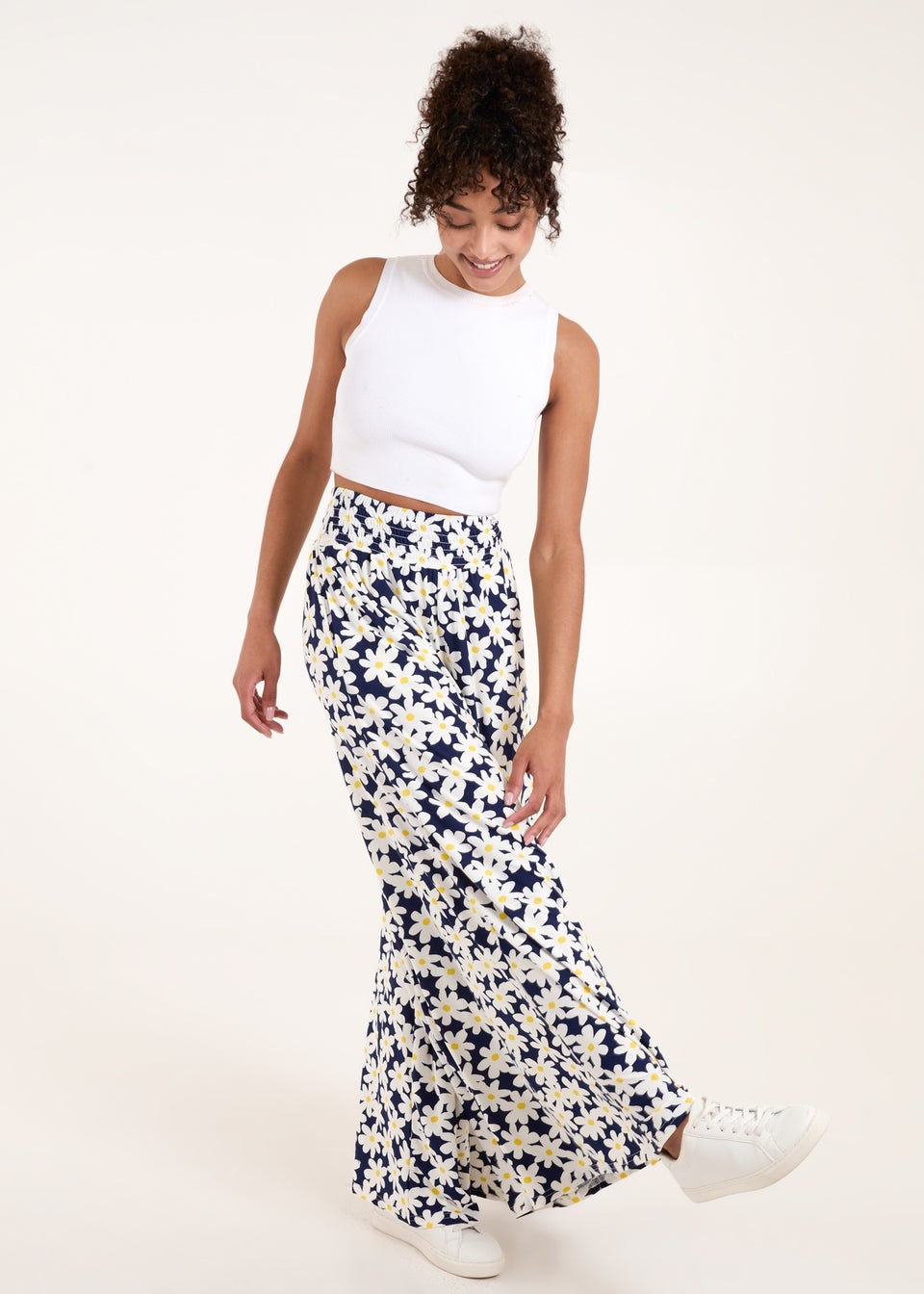 Blue Vanilla Navy Daisies Shirring Waist Wide Leg Trousers