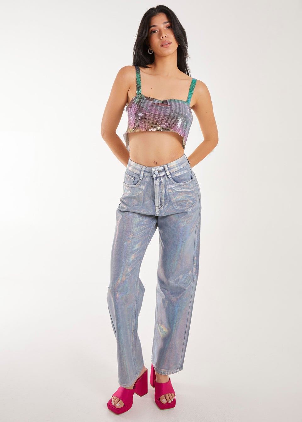 Pink Vanilla Silver Metallic Silver Foil Coated Jeans Matalan