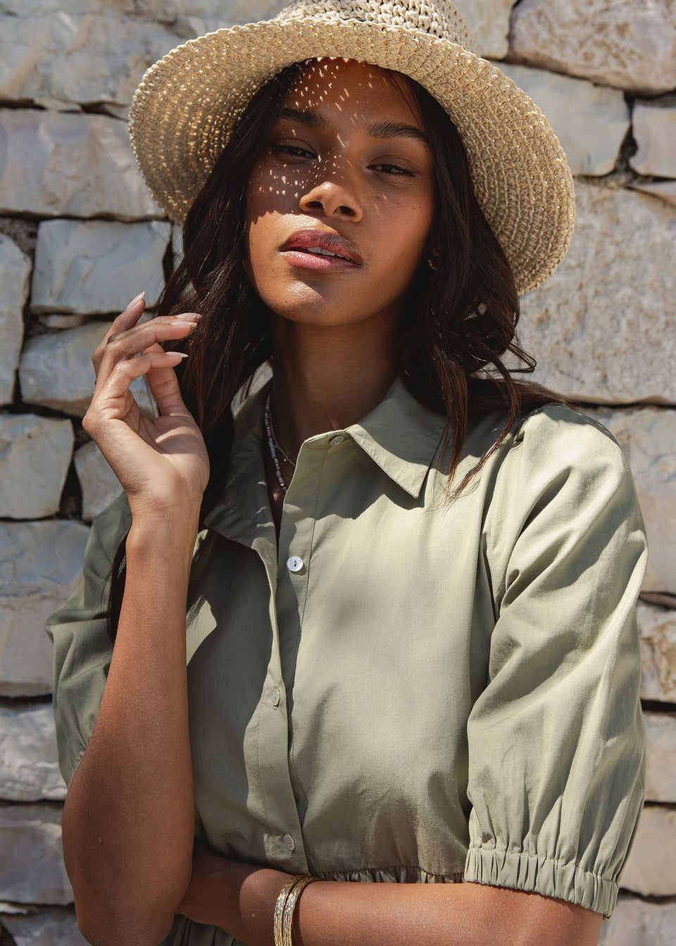 Threadbare Khaki Leela Button Down Tiered Maxi Shirt Dress
