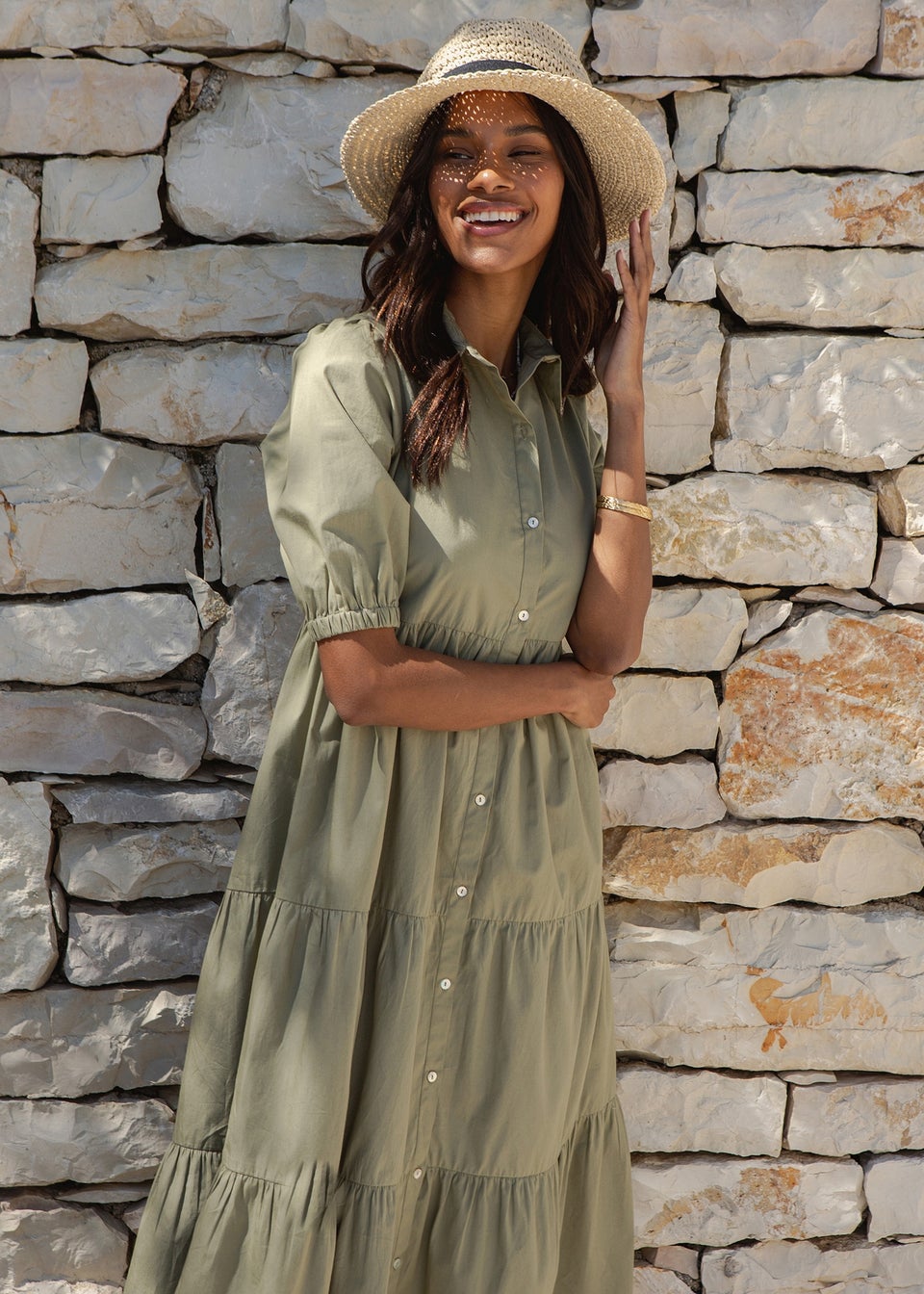 Threadbare Khaki Leela Button Down Tiered Maxi Shirt Dress Matalan