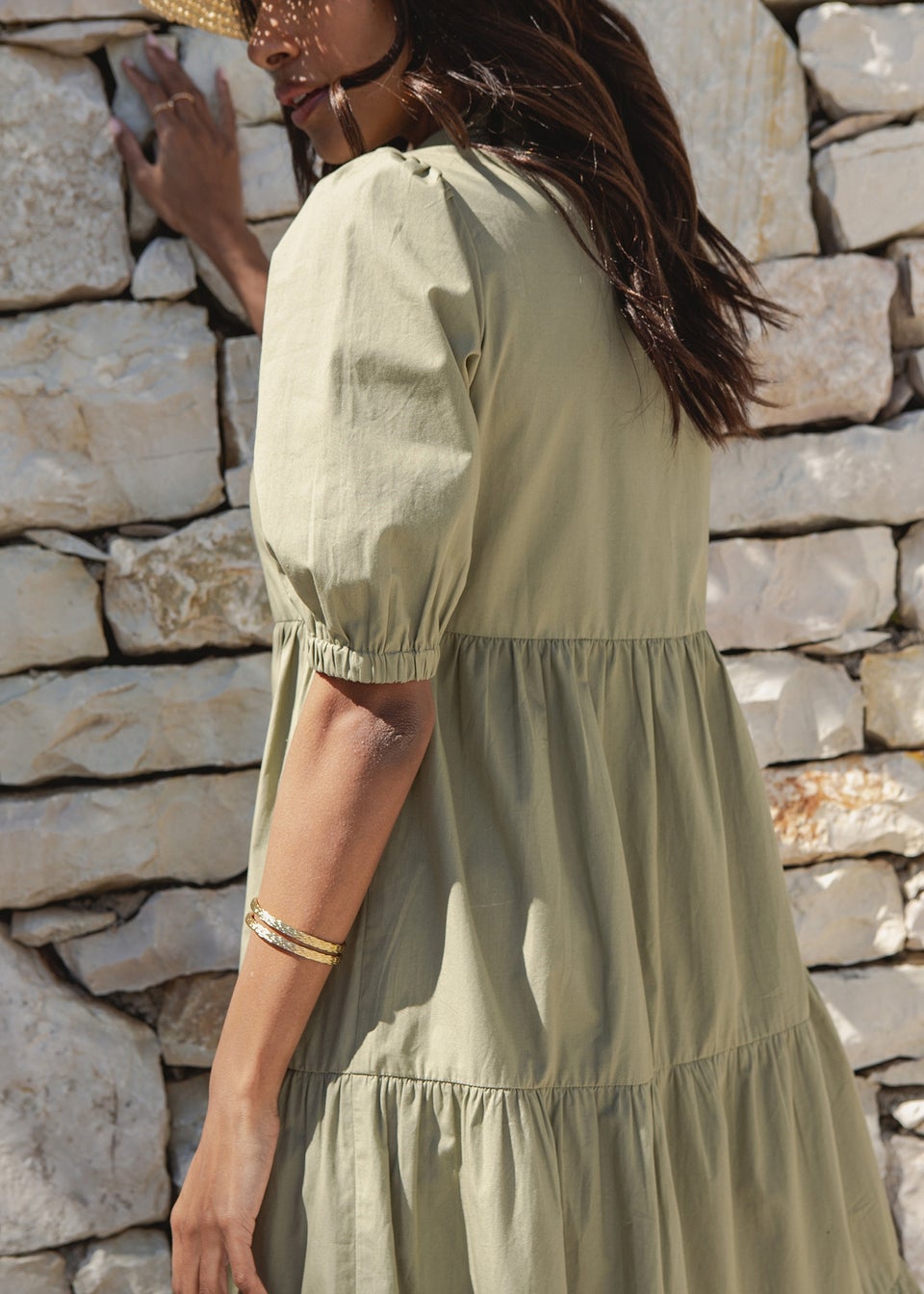 Threadbare Khaki Leela Button Down Tiered Maxi Shirt Dress