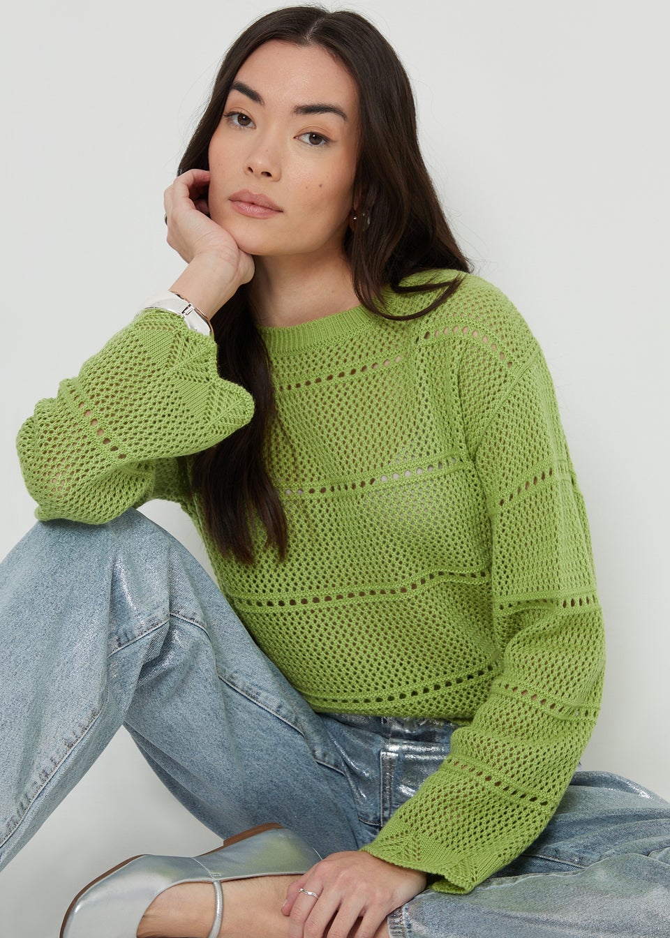Threadbare Soft Green Melbourne Pointelle Crochet Jumper