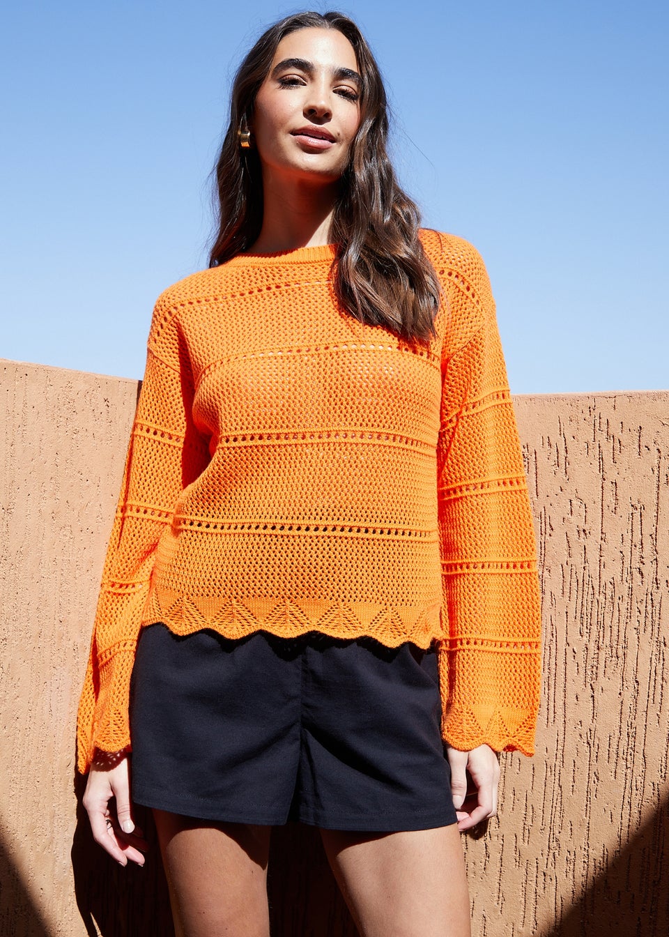 Threadbare Orange Melbourne Pointelle Crochet Jumper