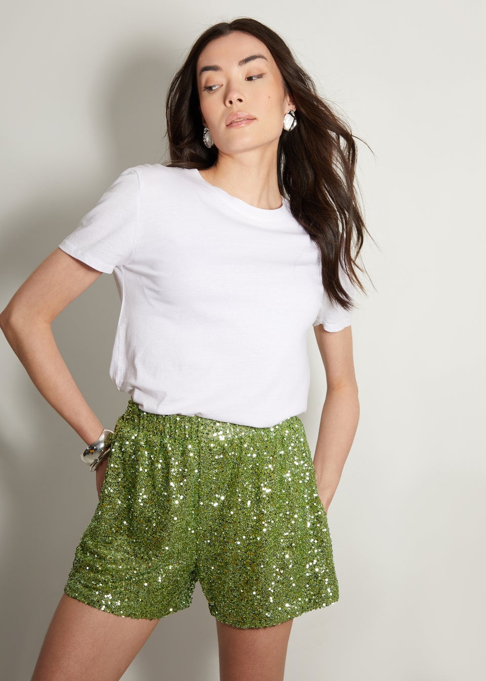 Threadbare Green Shania Sequin Pull On Shorts