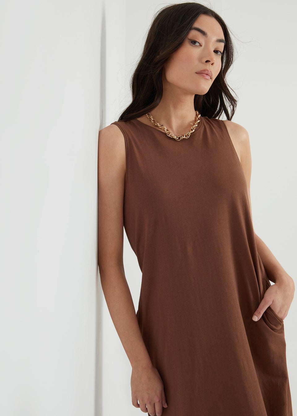 Threadbare Chocolate Sue Sleeveless Jersey Midi Dress With Pockets