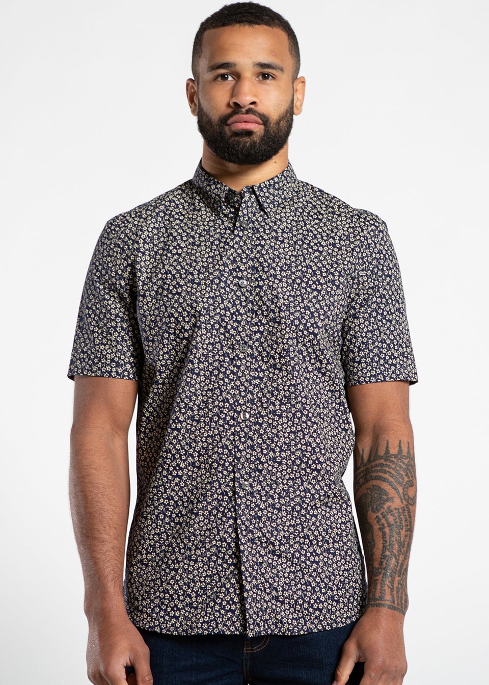 French Connection Navy Cotton Short Sleeve Floral Shirt