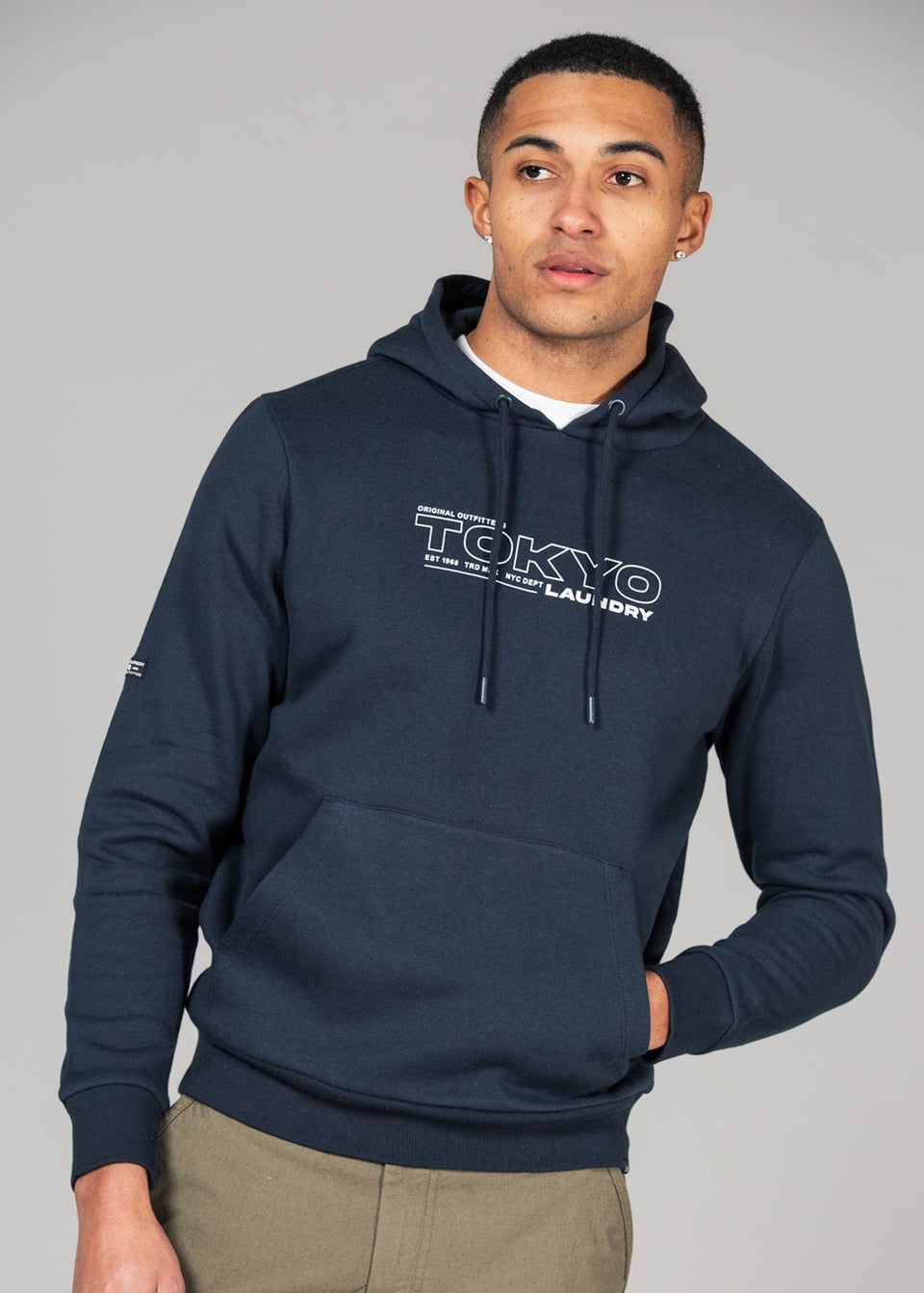 Tokyo Laundry Navy Cotton Blend Hoody with Branding Print