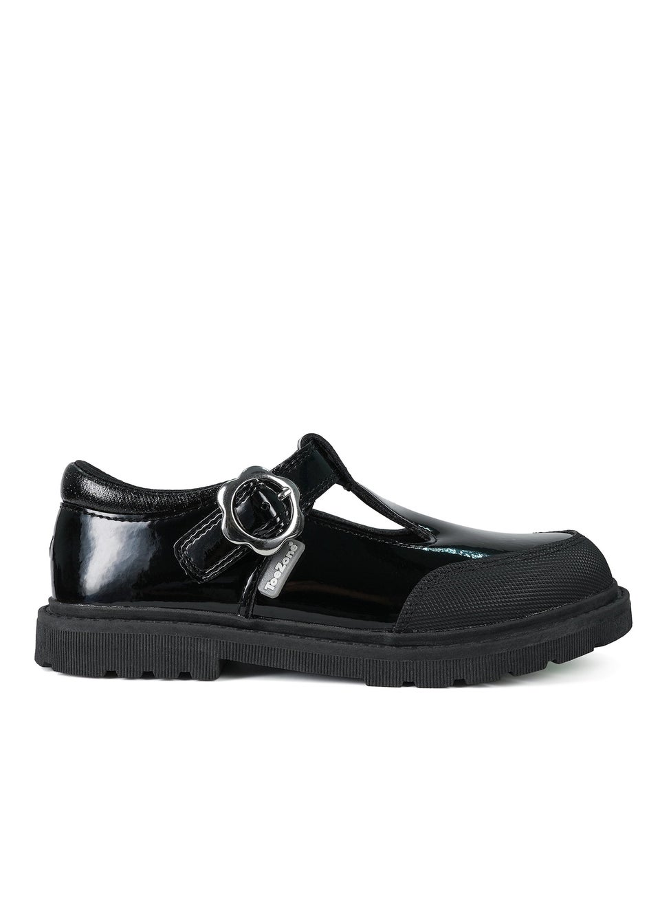 ToeZone Girls Black Clover Patent Coated Leather T-Bar Flower School Shoe (Younger 8 - Older 2)