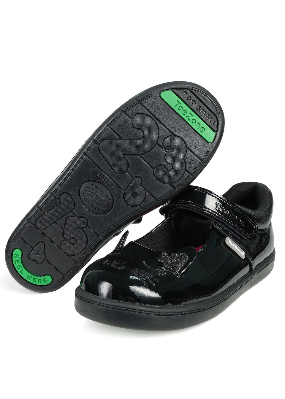 ToeZone Girls Black Kit Patent Coated Leather Bunny School Shoe Younger 8 Older 2 Matalan