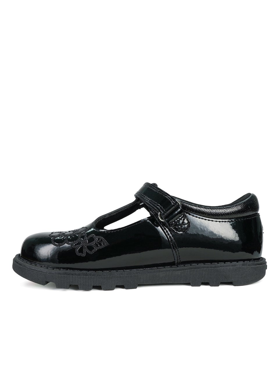 ToeZone Girls Black Flo Patent Leather Rip Tape Flower School Shoe (Younger 6 - 13)