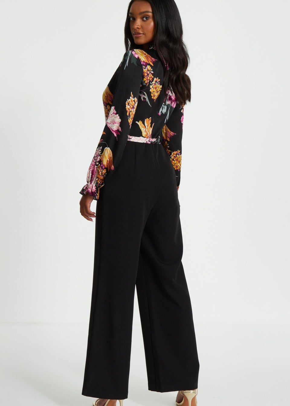 Quiz Black Floral Chiffon Contrast Wide Leg Jumpsuit