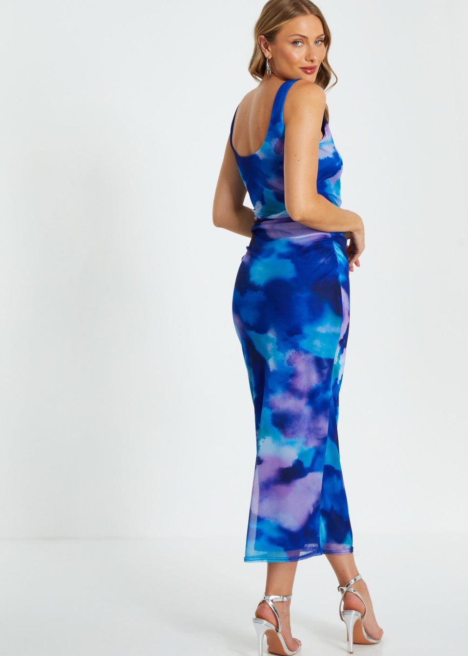 Quiz Blue Mesh Tie Dye Print Midaxi Dress