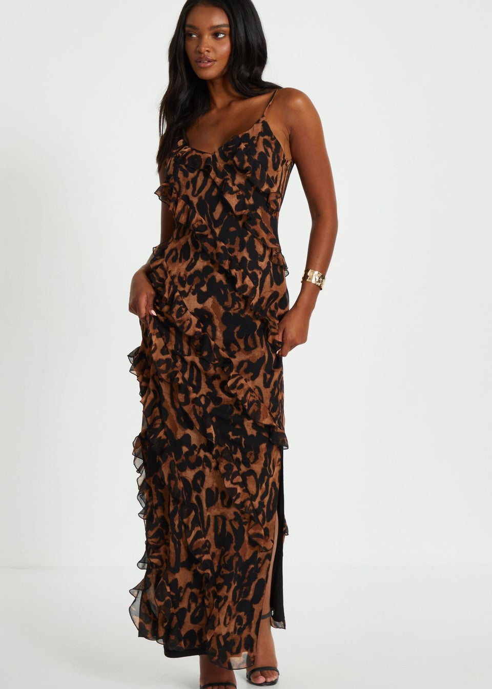 Quiz Brown Leopard Print Ruffle Tiered Maxi Dress - Matalan