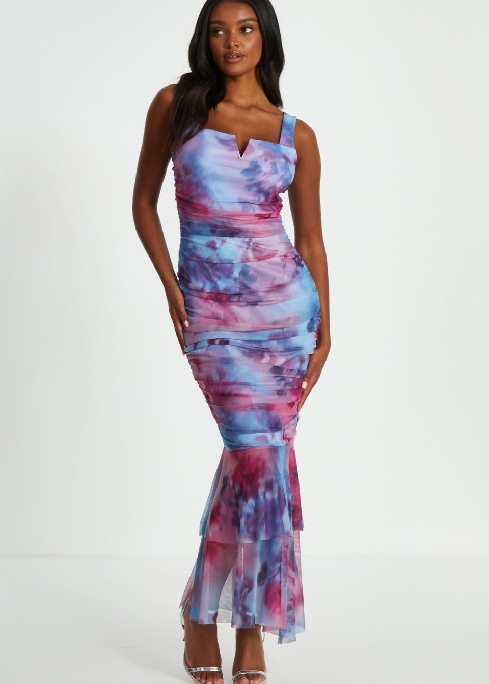 Quiz Red Floral Mesh Fish Tail Midaxi Dress Matalan
