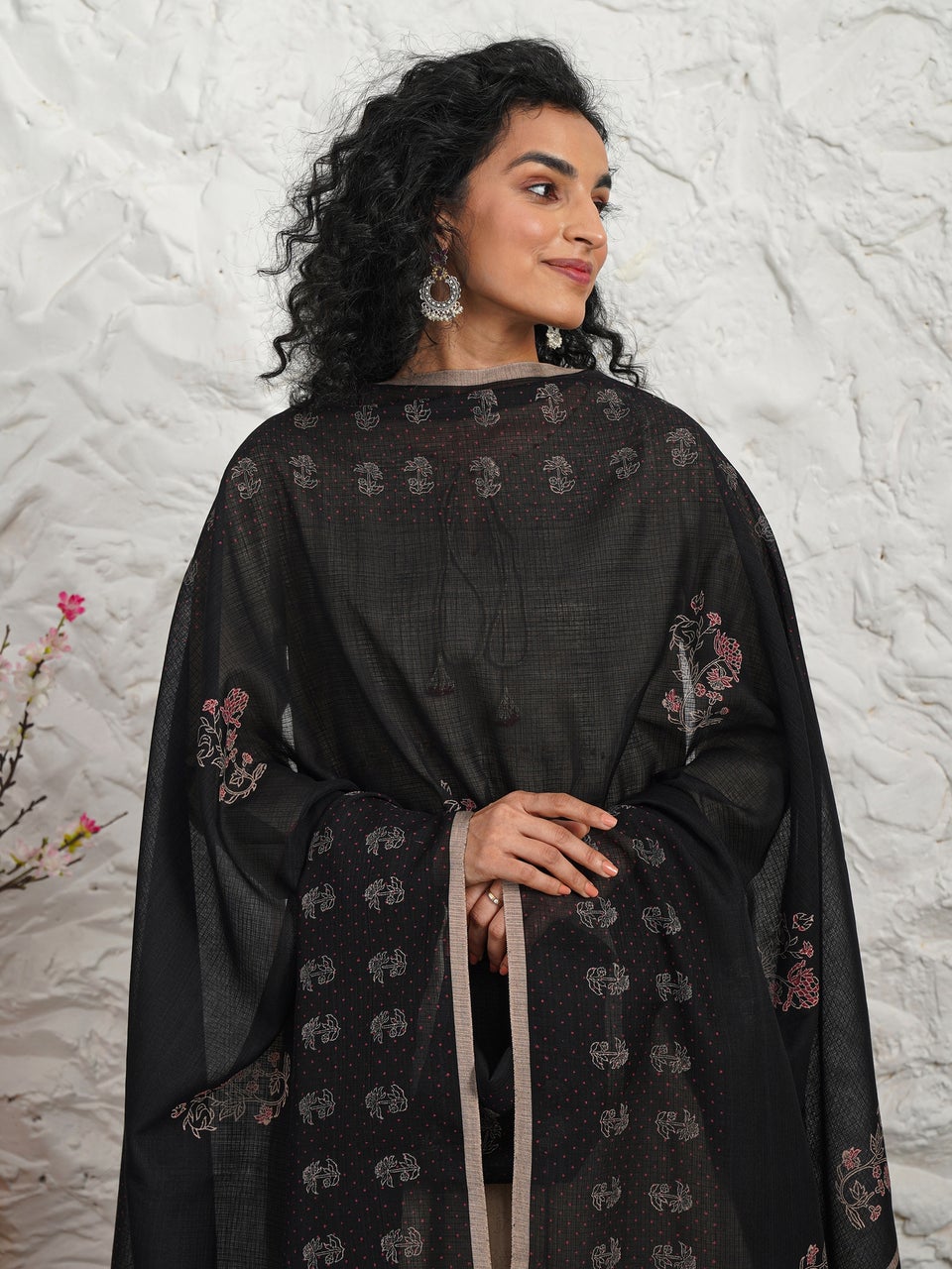 Women Black Cotton Block print Dupatta