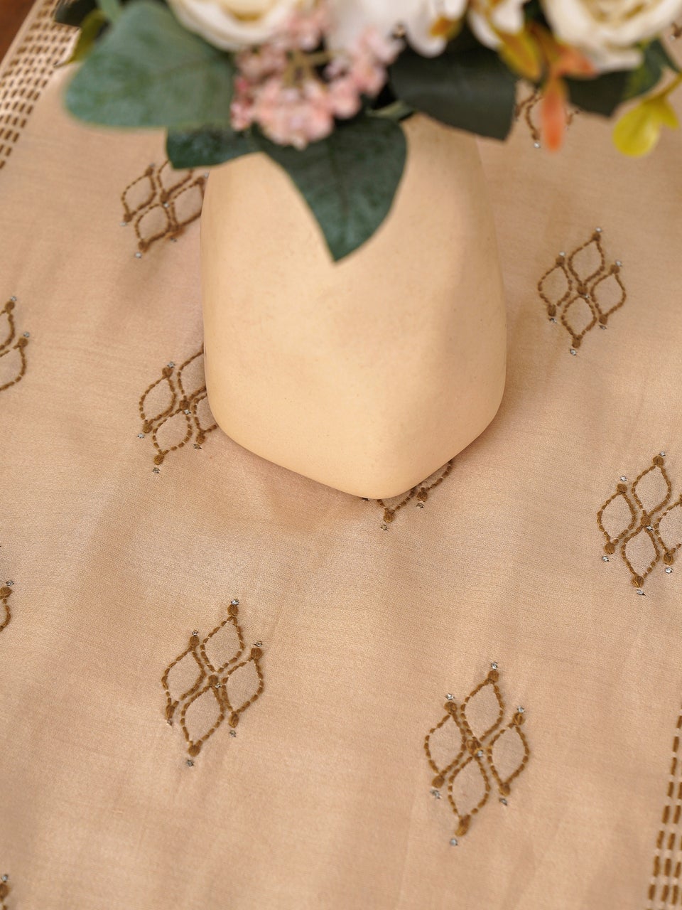 Beige Chanderi Silk Table Runner