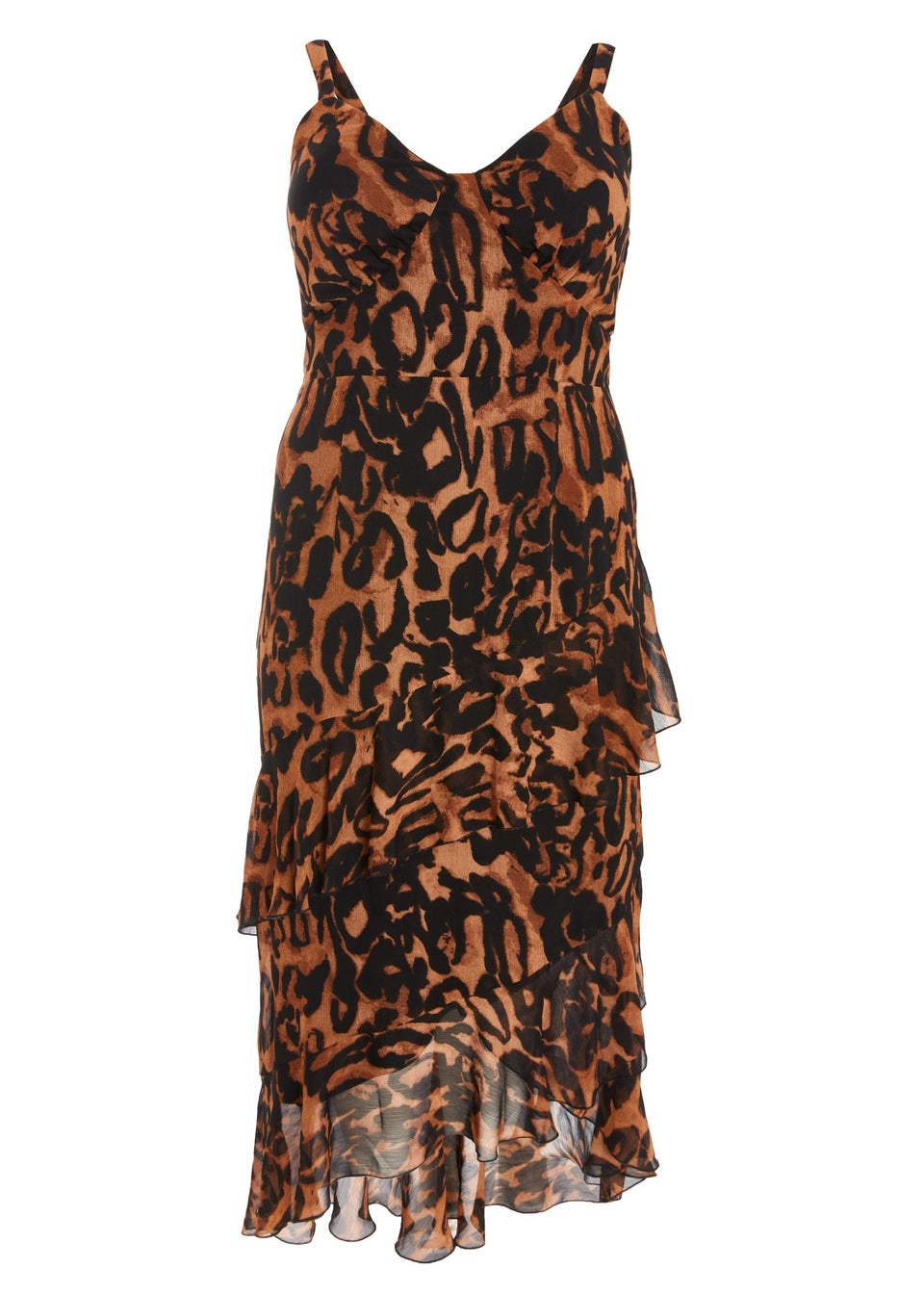 Quiz Brown Curve Chiffon Ruffle Midaxi Dress