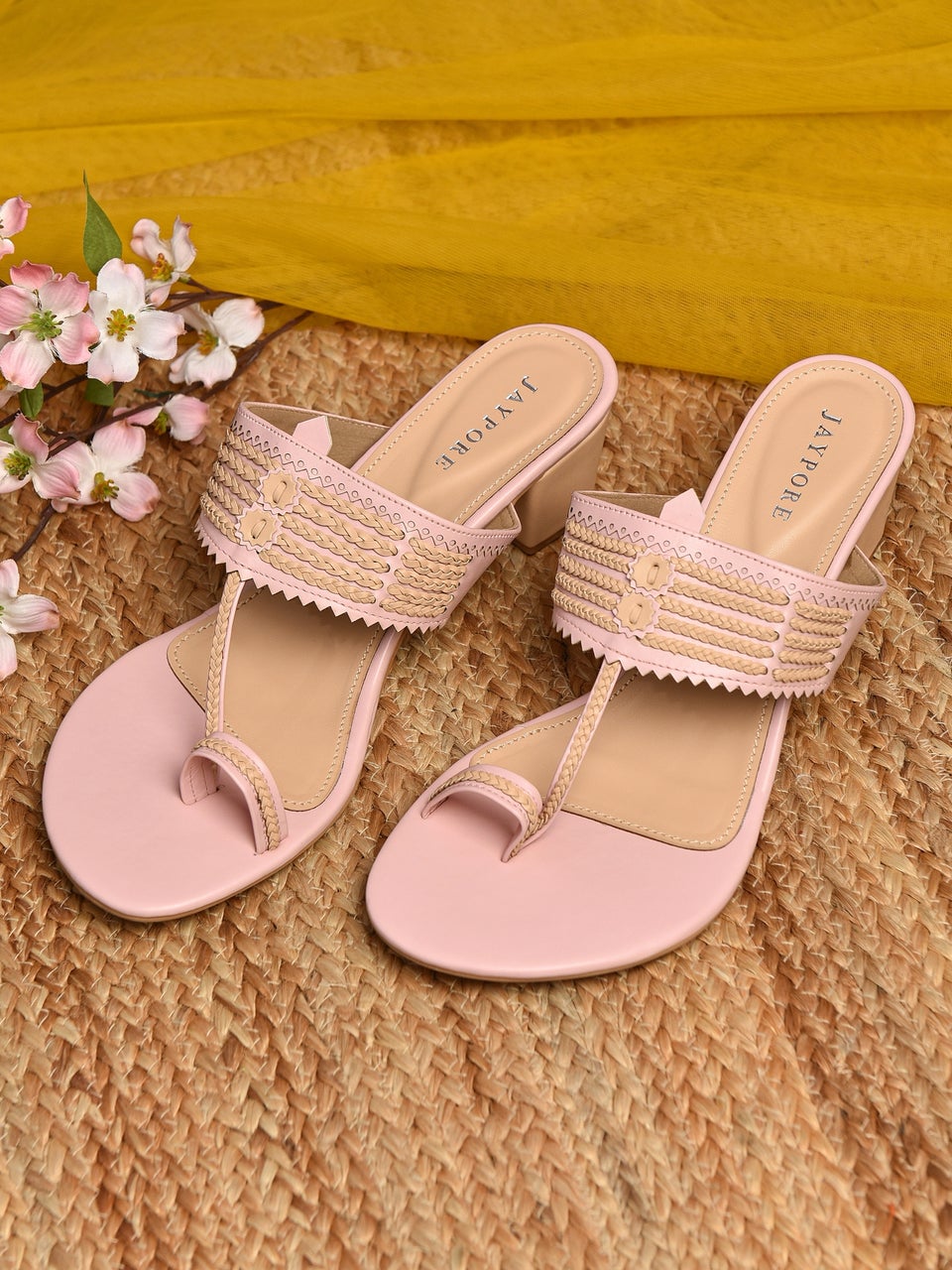 Women Pink Leather Braided Heels