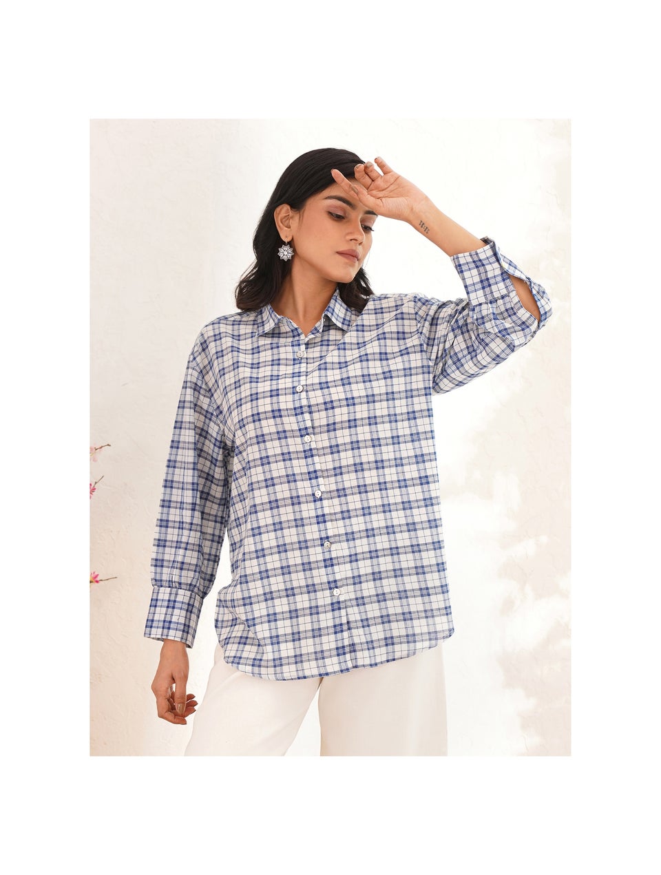 Women Blue Cotton Regular Fit Self Design Full Sleeves Shirt - S-M