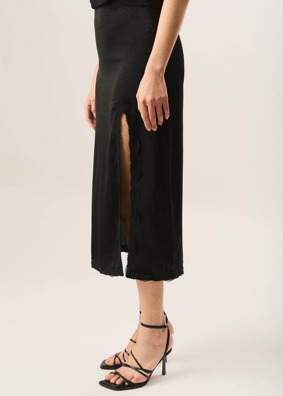 Gini London Black Satin Side Split Lace Trim Midi Skirt