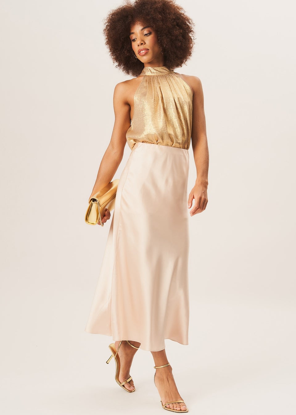 Gini London Beige Satin Bias Cut Midi Skirt - Matalan
