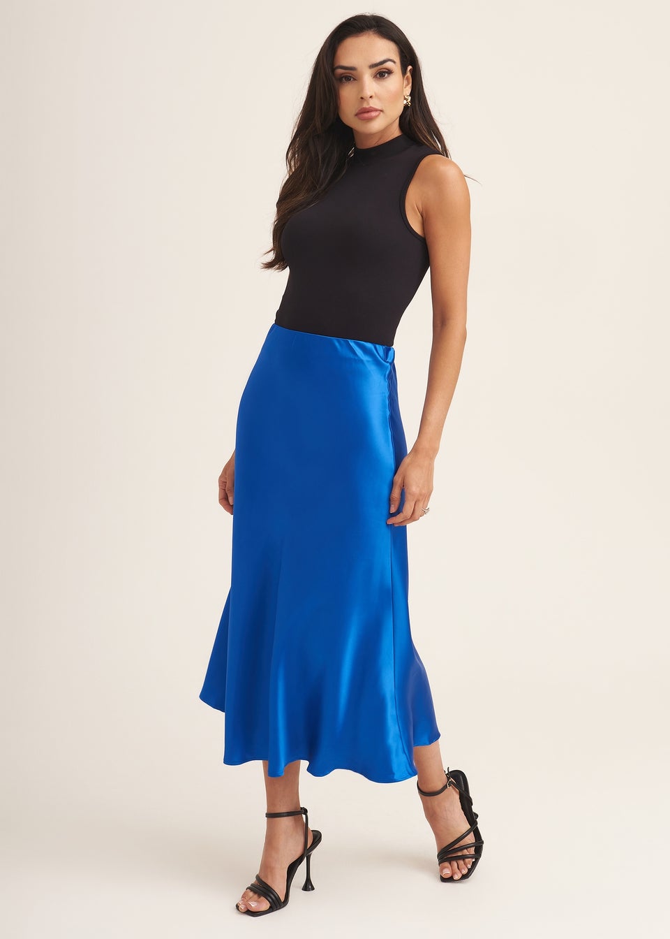 Gini London Cobalt Blue Satin Bias Cut Midi Skirt - Matalan