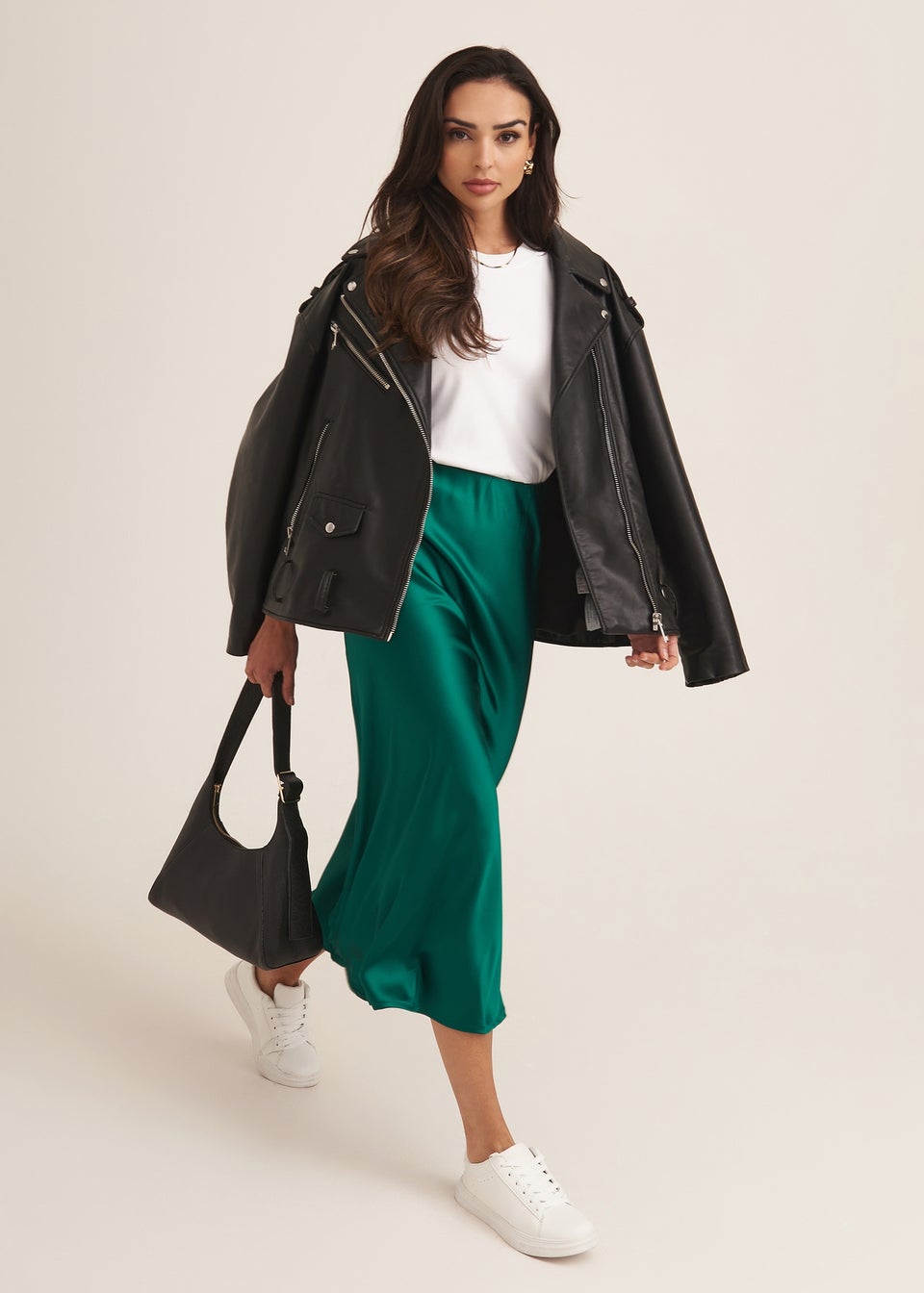 Gini London Green Satin Bias Cut Midi Skirt - Matalan