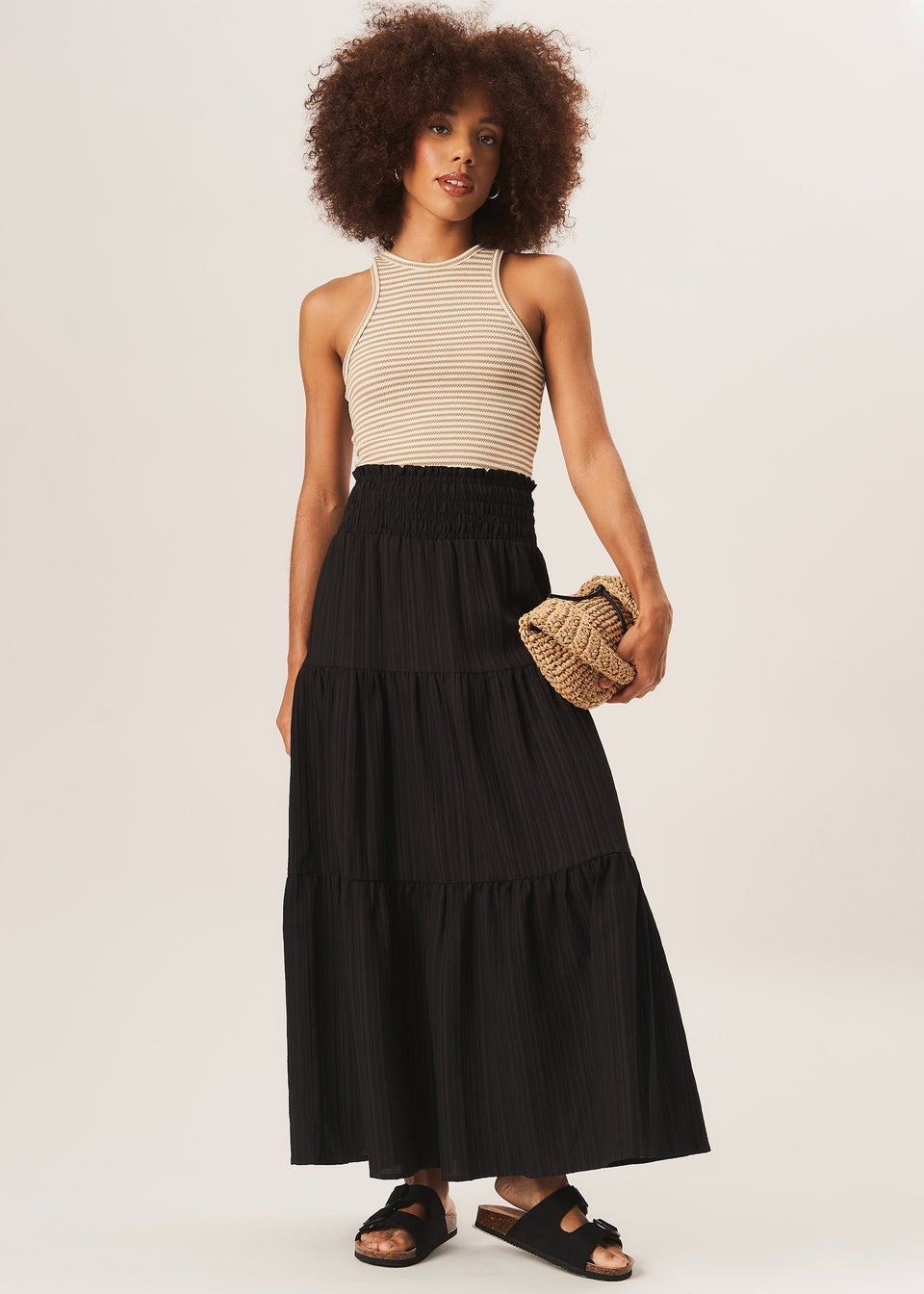 Gini London Black Smocked Tiered Maxi Skirt Matalan