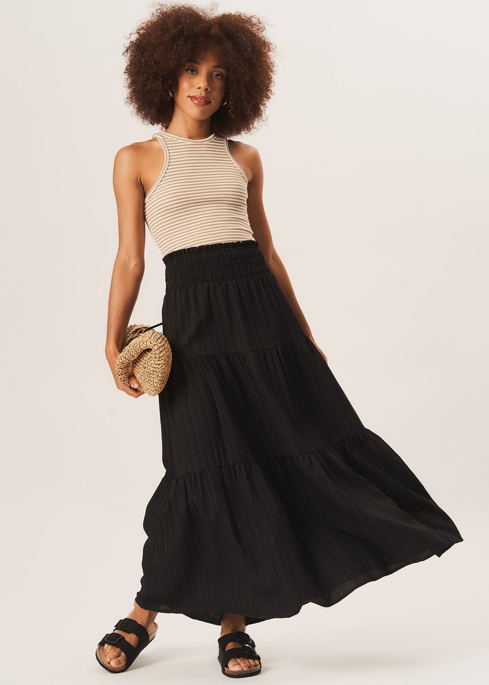 Gini London Black Smocked Tiered Maxi Skirt