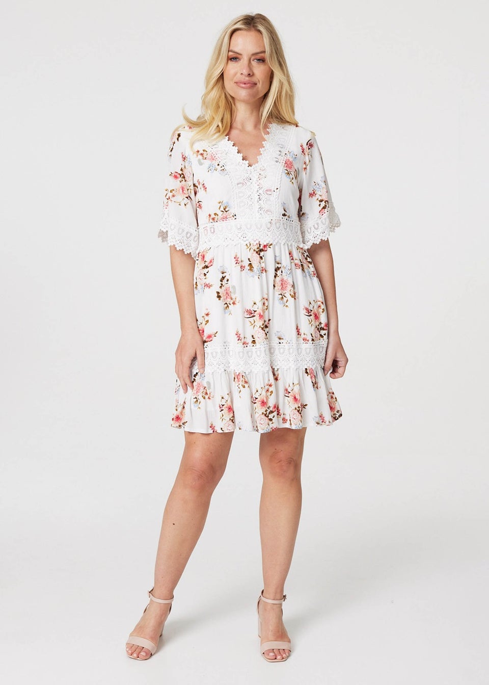 Izabel London White Floral Lace Detail Skater Dress