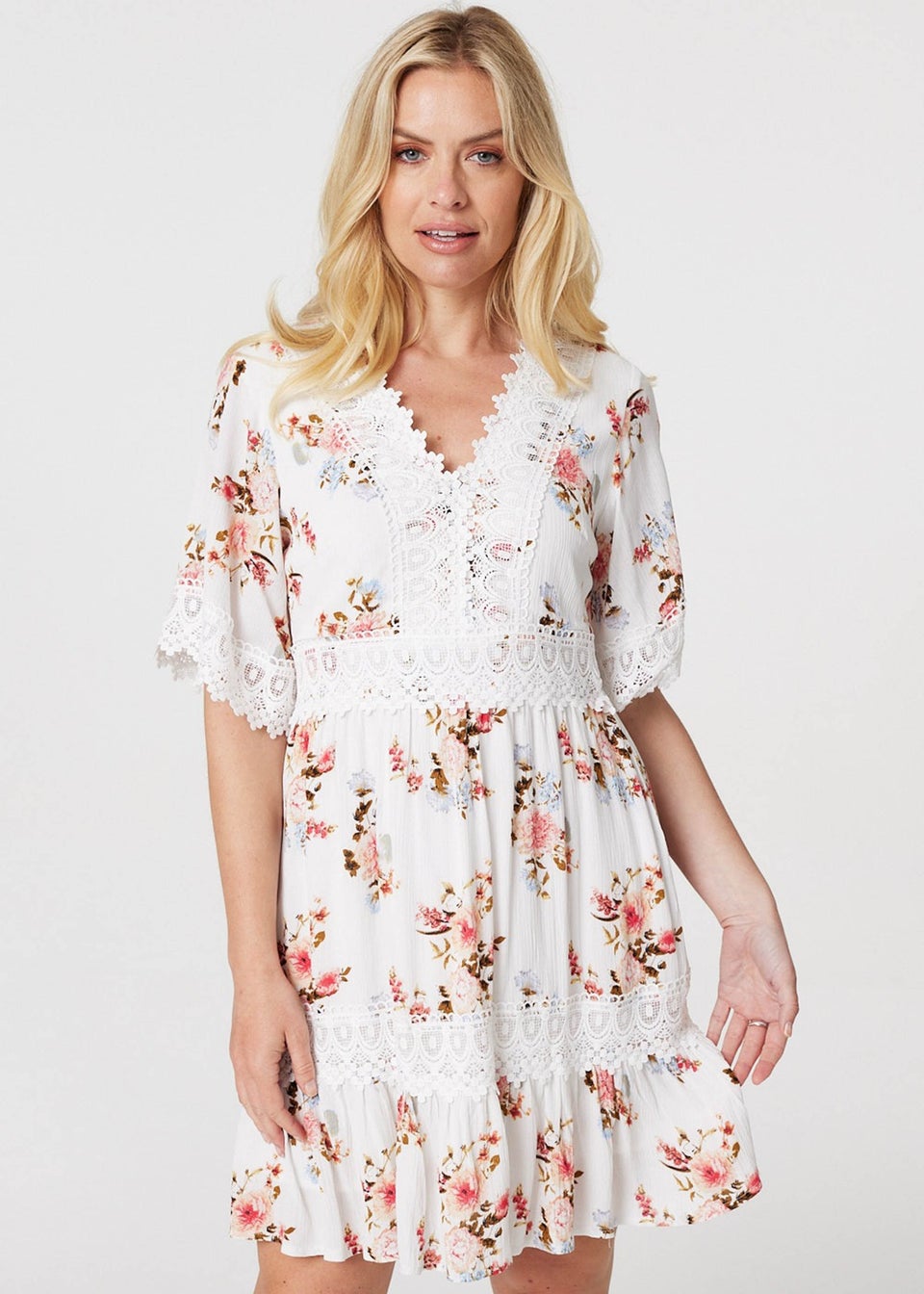Izabel London White Floral Lace Detail Skater Dress