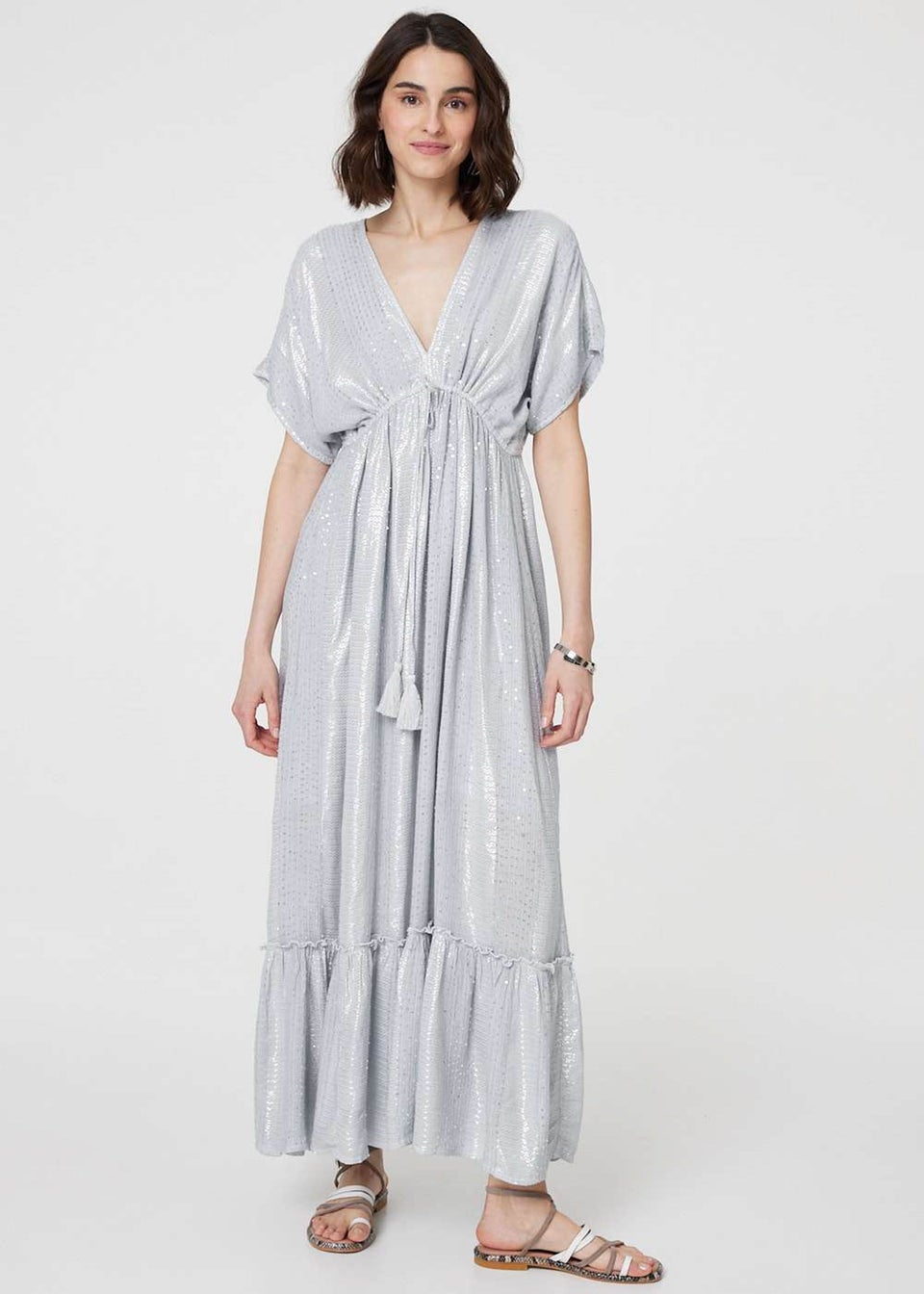 Izabel London Light Grey Dotty Empire Waist Kimono Maxi Dress