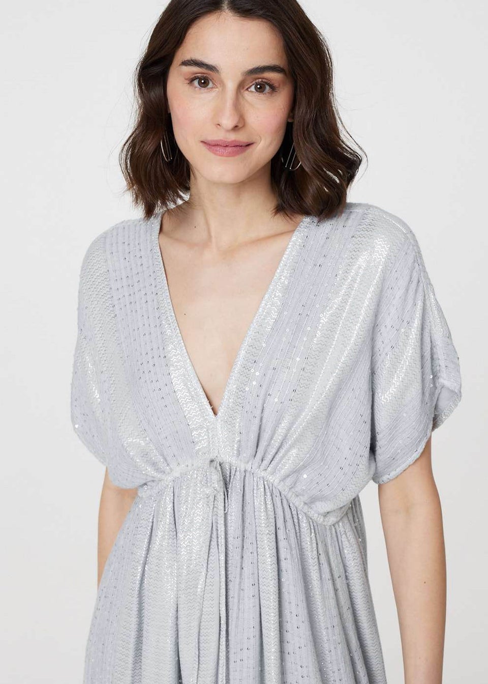 Izabel London Light Grey Dotty Empire Waist Kimono Maxi Dress