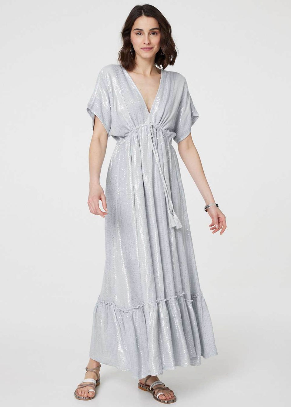 Izabel London Light Grey Dotty Empire Waist Kimono Maxi Dress