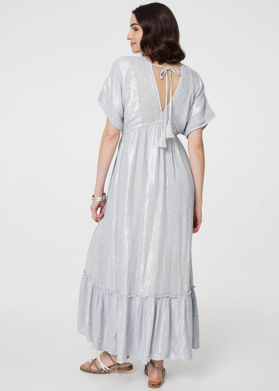 Izabel London Light Grey Dotty Empire Waist Kimono Maxi Dress