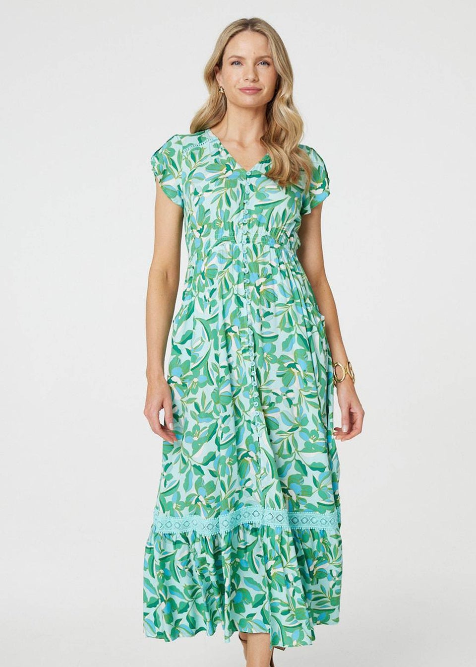 Izabel London Green Leaf Print Lace Trim Maxi Dress