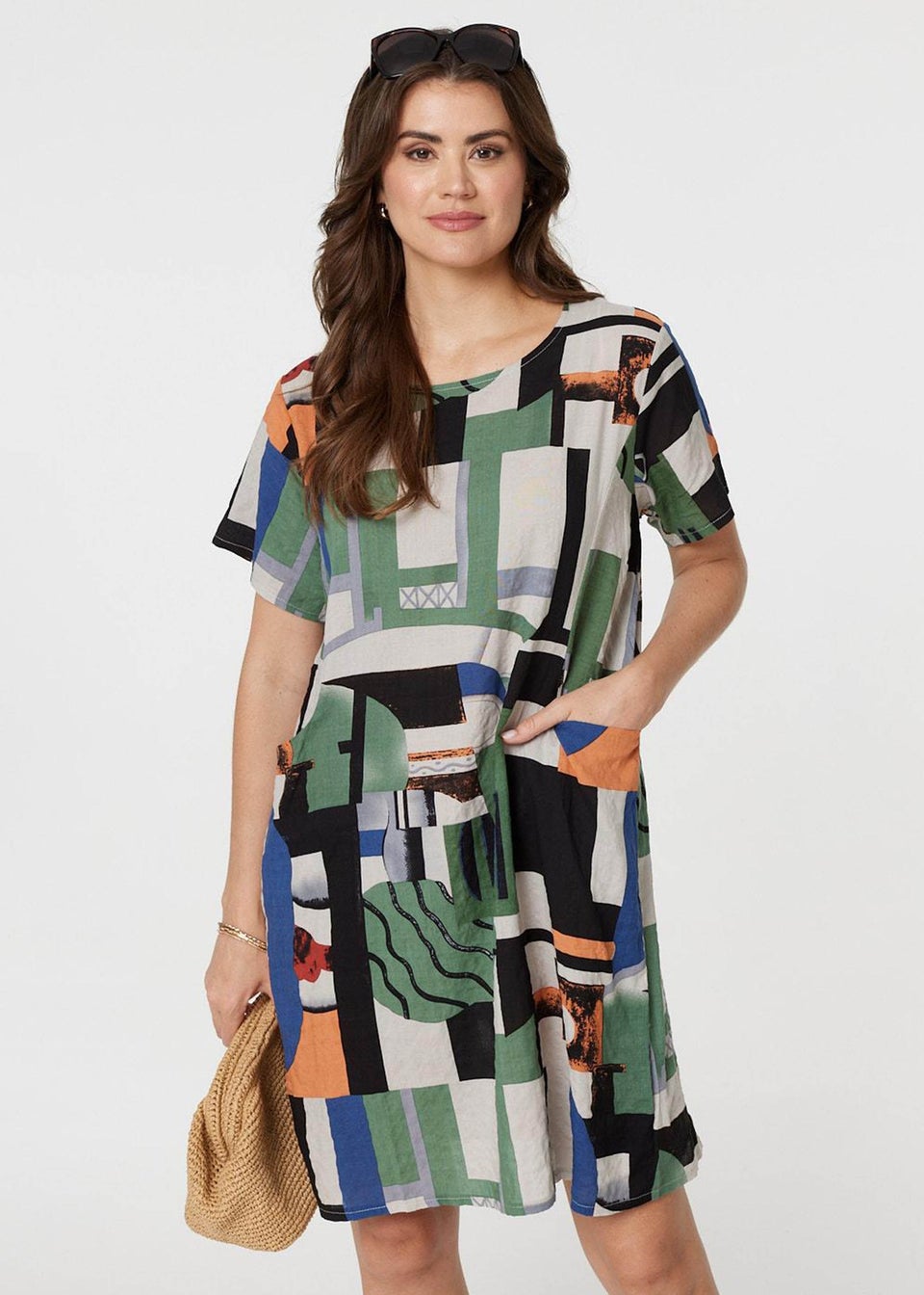 Izabel London Green Printed Pocket Short Sleeve Shift Dress