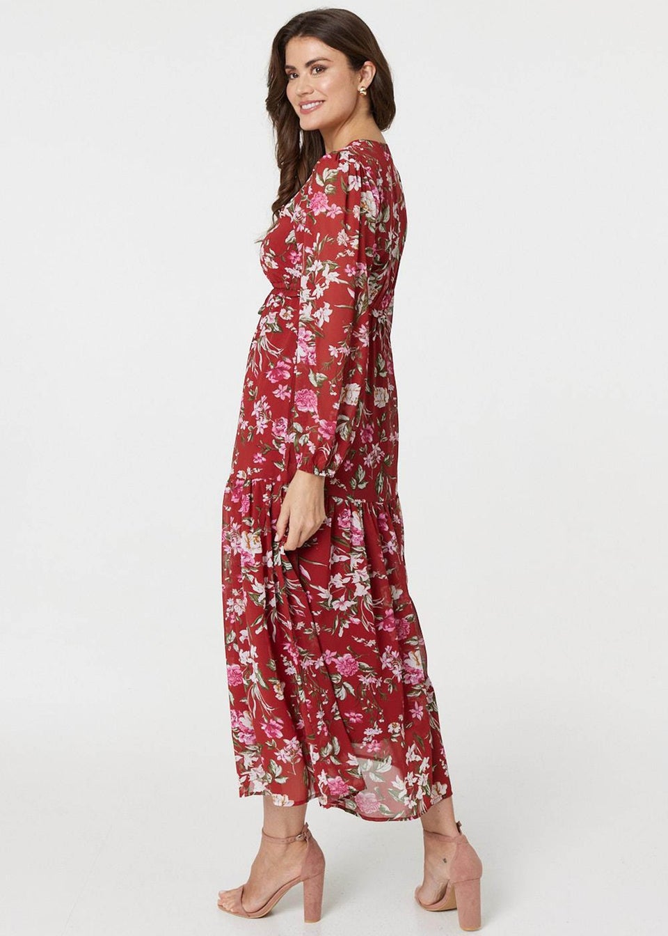 Izabel London Red Floral Long Sleeve Tiered Maxi Dress