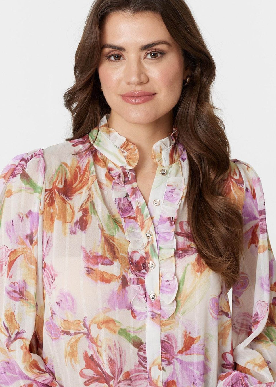 Izabel London Pink Floral High Neck Long Puff Sleeve Blouse
