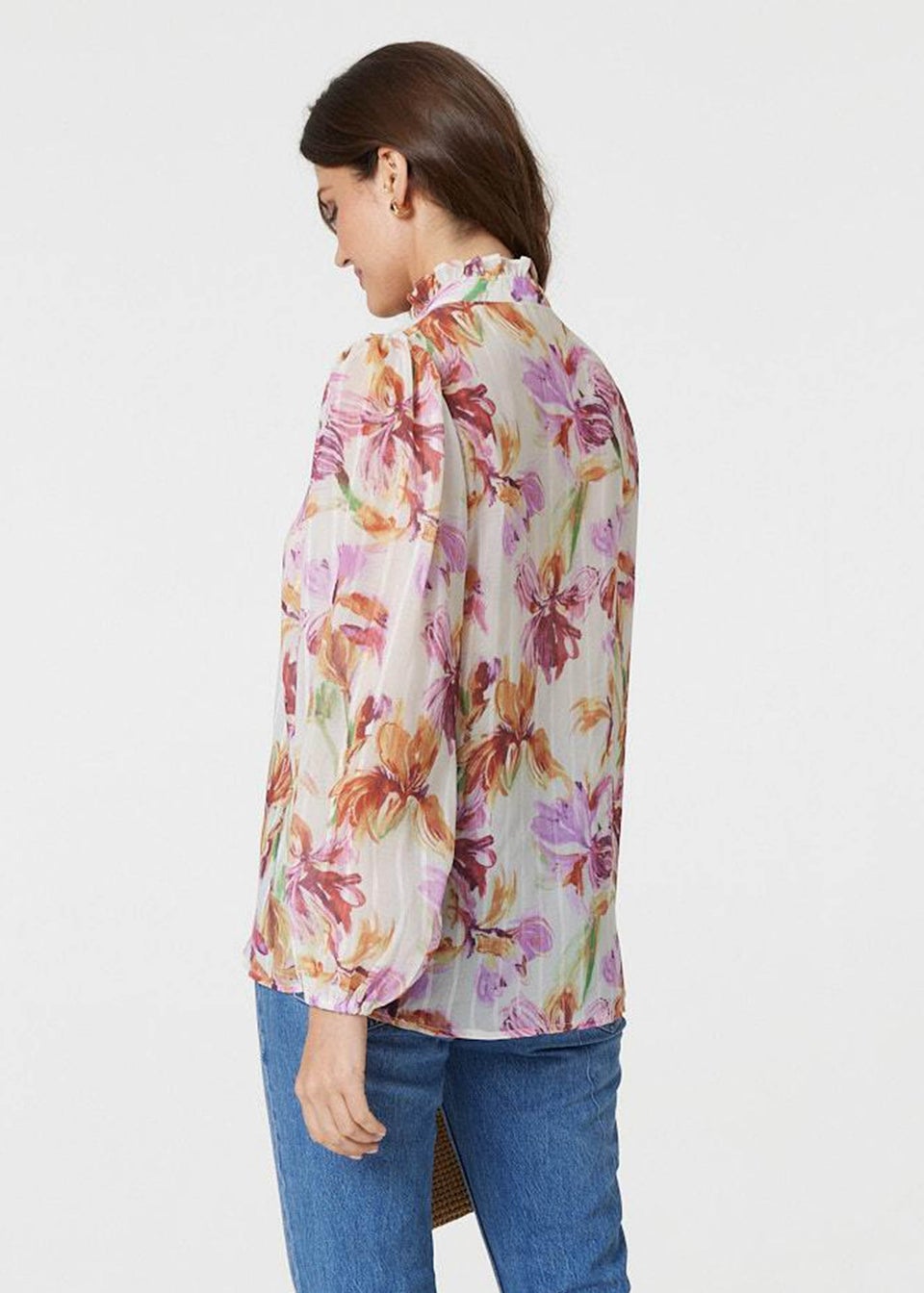 Izabel London Pink Floral High Neck Long Puff Sleeve Blouse