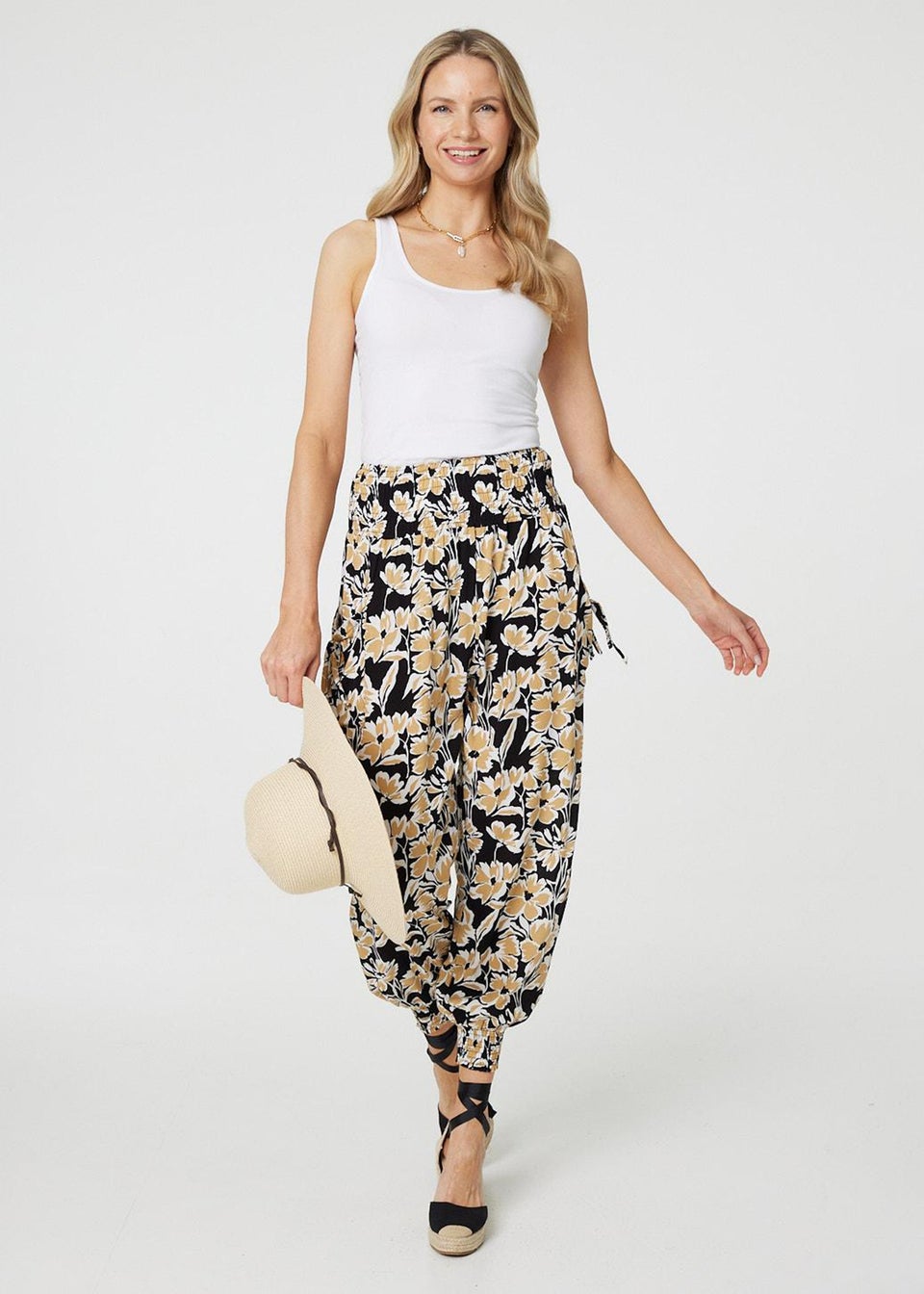 Izabel London Black Floral Tassel Tie Pocket Harem Pants