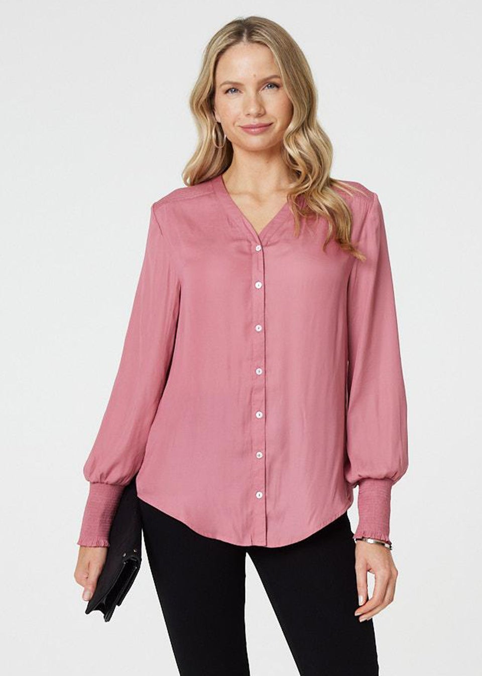 Izabel London Pink Collarless Button Up Long Sleeve Shirt
