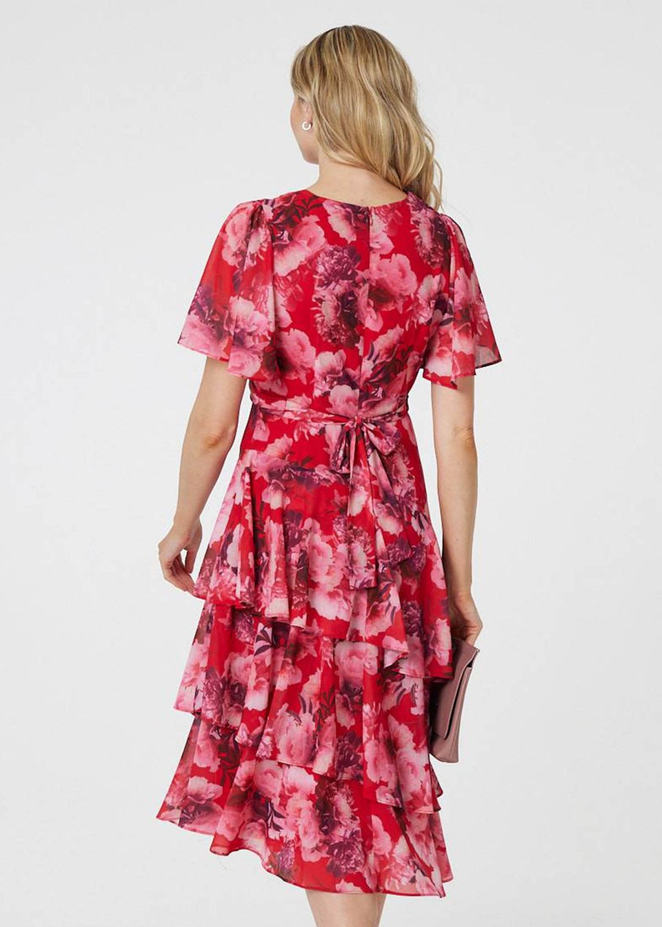 Izabel London Red Floral Asymmetric Ruffled Midi Dress