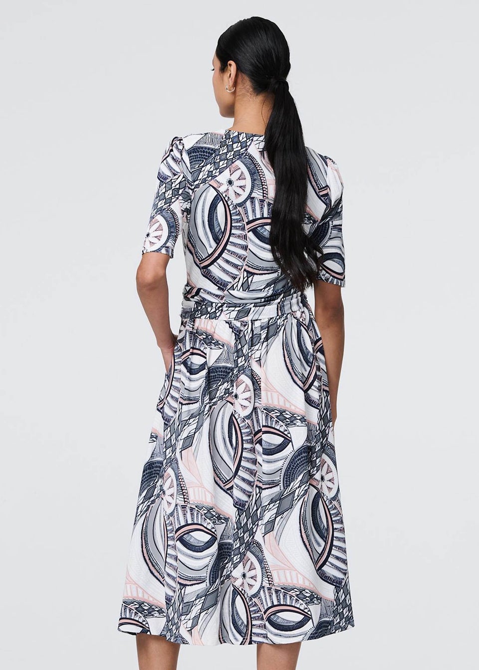 Izabel London Navy Printed 1/2 Sleeve Knee Length Wrap Dress