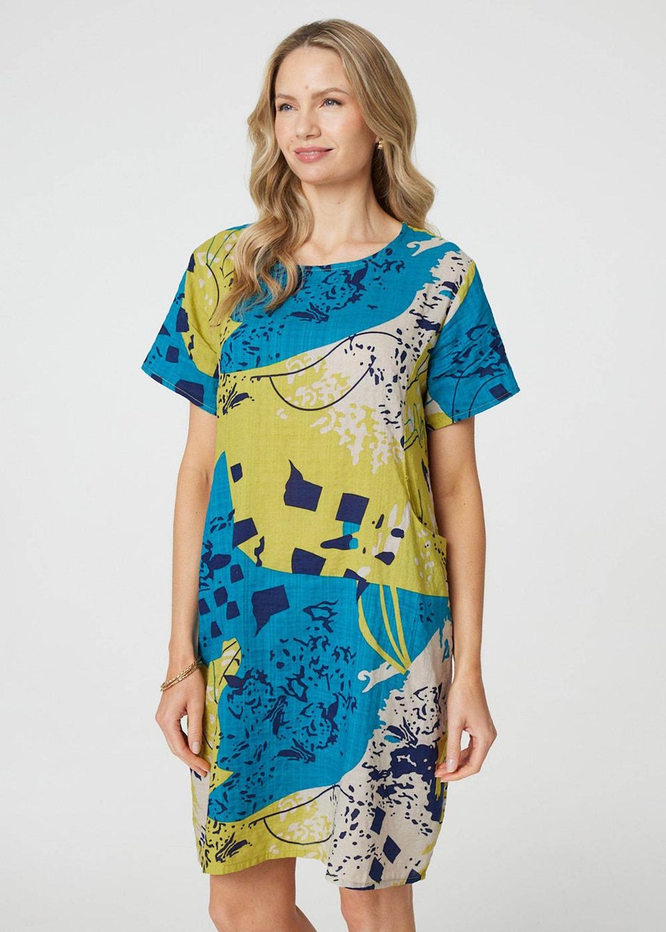 Izabel London Yellow Abstract Print Short Sleeve Shift Dress
