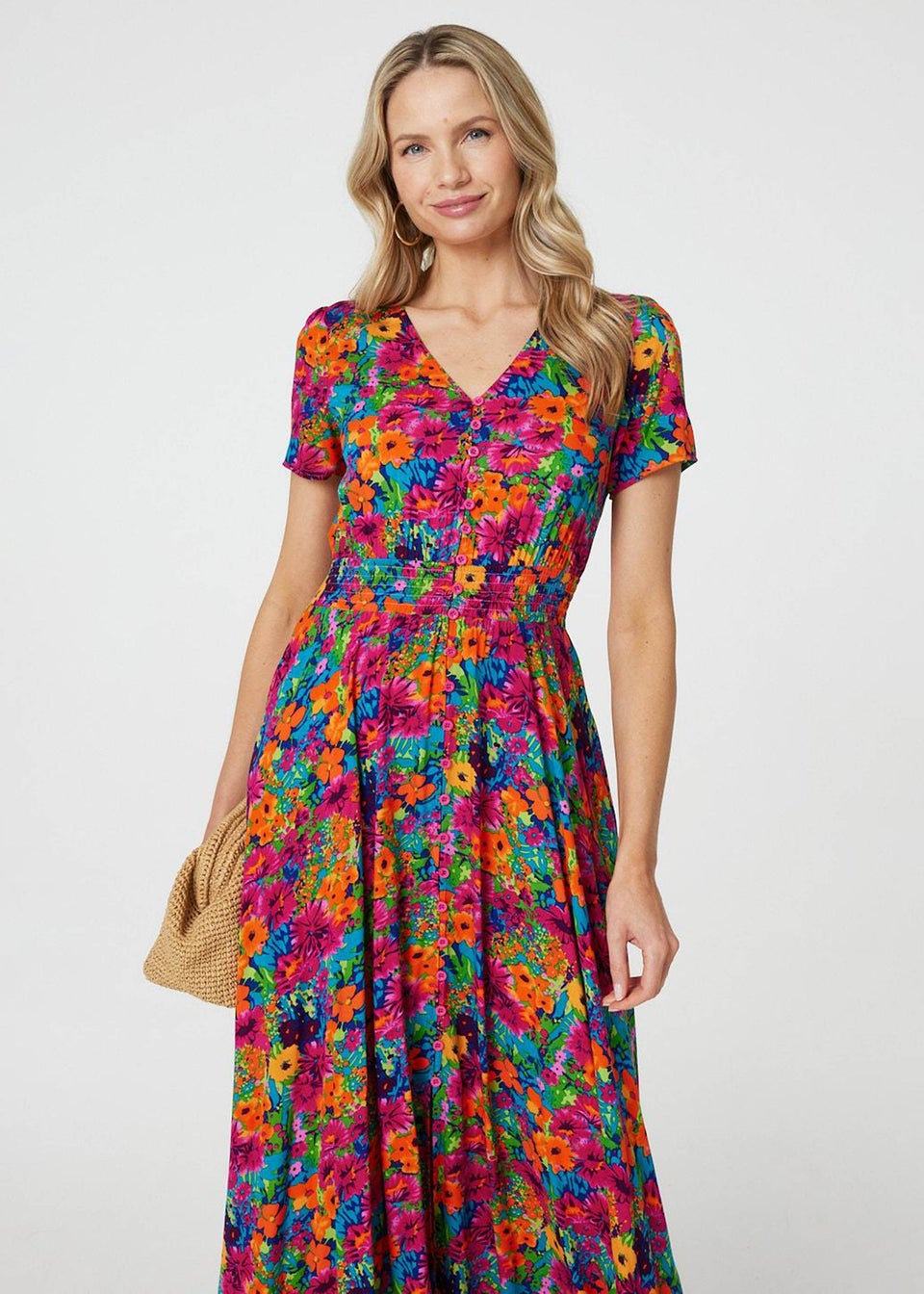 Izabel London Pink Floral V-Neck Short Sleeve Maxi Dress
