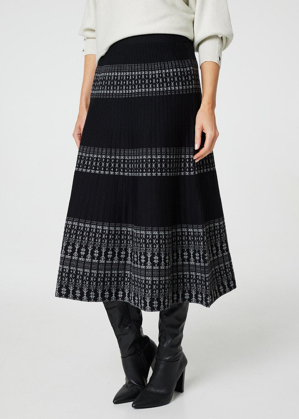 Izabel London Black Border Print Knit High Waist Midi Skirt