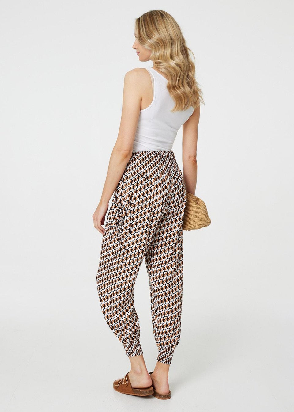 Izabel London Beige Geo Print High Waist Tassel Harem Pants