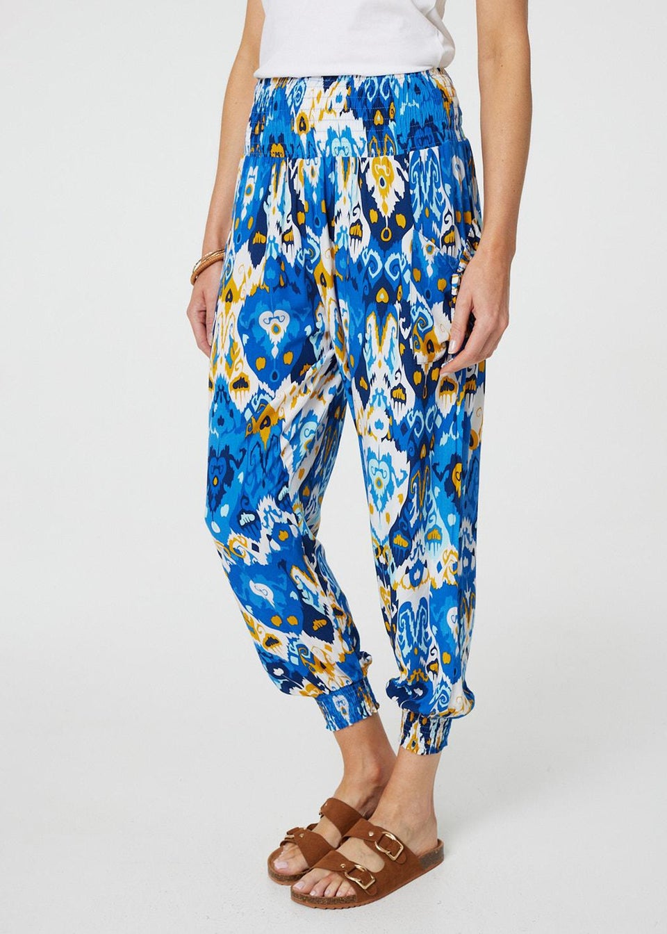 Izabel London Blue Printed High Waist Tapered Harem Pants